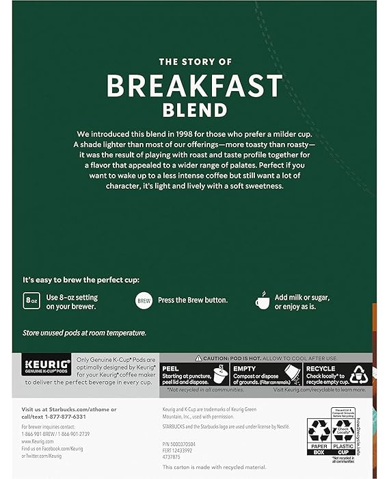 SOUTHERN BASICS Starbucks K-Cup Coffee Pods—Dark Roast Coffee—Roast for Keurig Brewers—100% Arabica— Essentially for Southern Basics (Breakfast Blend)