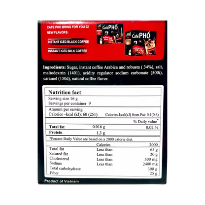 Cafe Pho Brand Instant Iced Black Coffee 9 Sachets x 16g